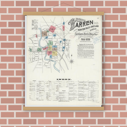 Old map wall art mockup — magnetic wood frame on brick wall — Sanborn Fire Insurance Map from Warren, Trumbull County, Ohio (1898) - Complete Map Set