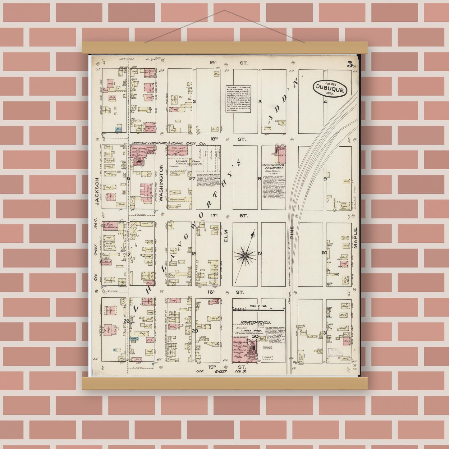 Old map wall art mockup — magnetic wood frame on brick wall — Sanborn Fire Insurance Map from Dubuque, Dubuque County, Iowa (1884), Sheet #0005