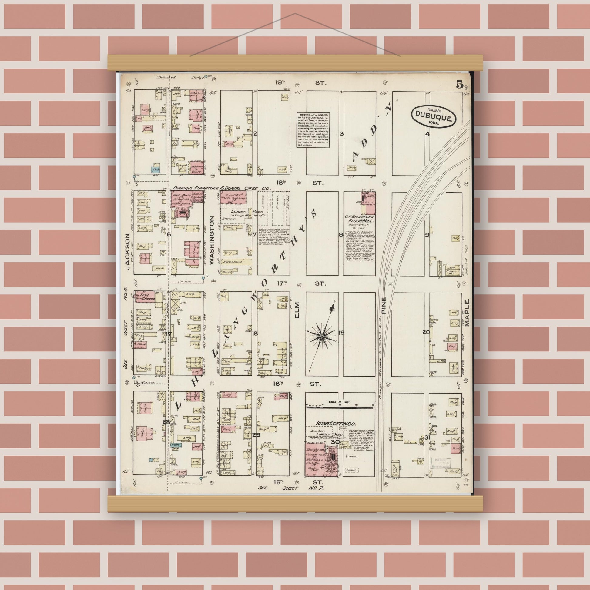 Old map wall art mockup — magnetic wood frame on brick wall — Sanborn Fire Insurance Map from Dubuque, Dubuque County, Iowa (1884), Sheet #0005