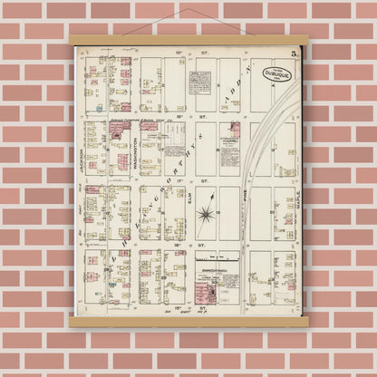 Old map wall art mockup — magnetic wood frame on brick wall — Sanborn Fire Insurance Map from Dubuque, Dubuque County, Iowa (1884), Sheet #0005