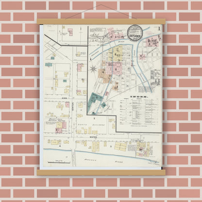 Old map wall art mockup — magnetic wood frame on brick wall — Sanborn Fire Insurance Map from Defiance, Defiance County, Ohio (1888), Sheet #0001