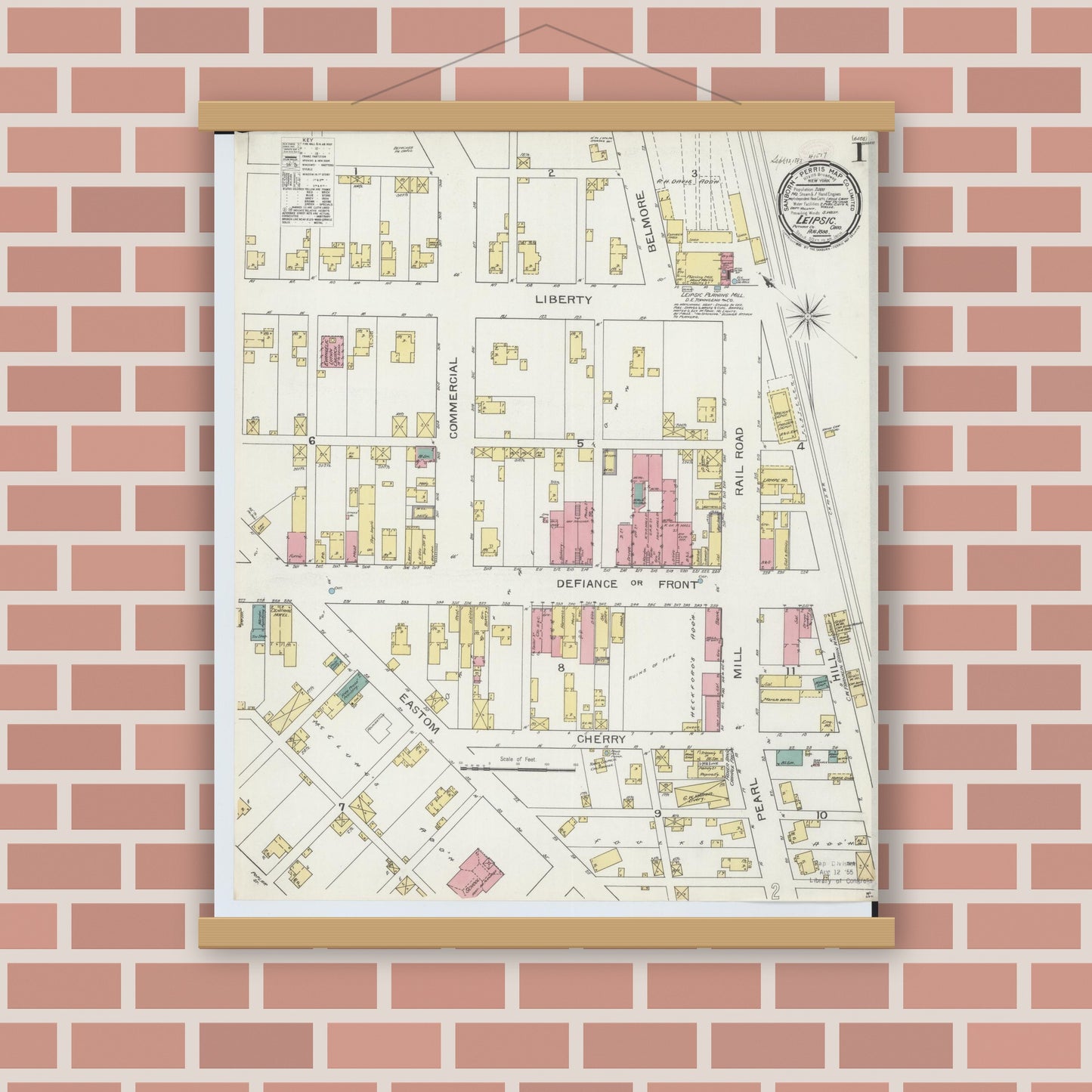 Old map wall art mockup — magnetic wood frame on brick wall — Sanborn Fire Insurance Map from Leipsic, Putnam County, Ohio (1893) - Complete Map Set