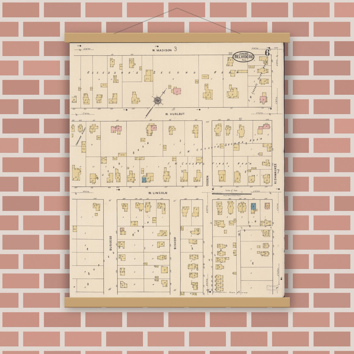 Old map wall art mockup — magnetic wood frame on brick wall — Sanborn Fire Insurance Map from Belvidere, Boone County, Illinois (1922), Sheet #0006
