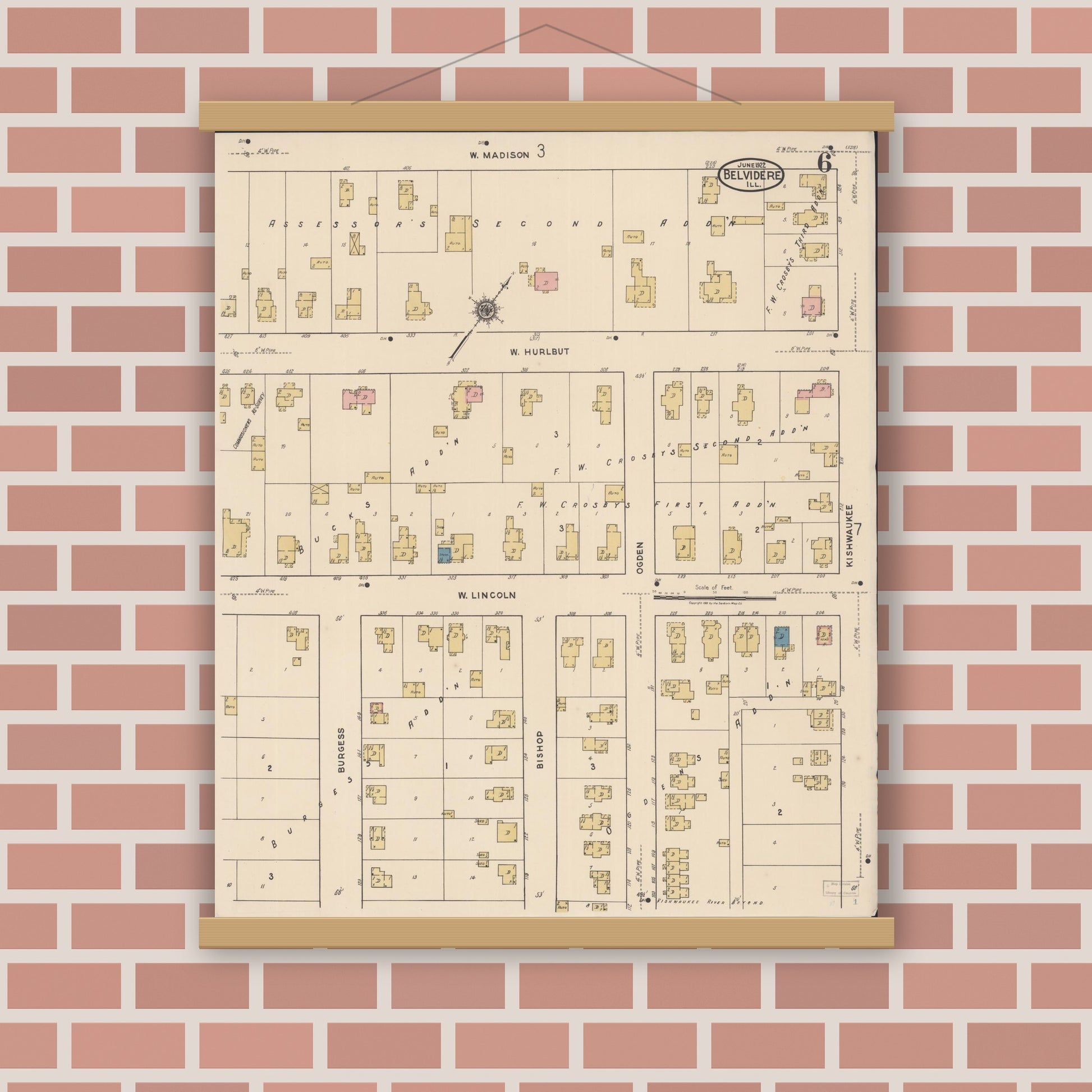 Old map wall art mockup — magnetic wood frame on brick wall — Sanborn Fire Insurance Map from Belvidere, Boone County, Illinois (1922), Sheet #0006