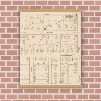 Old map wall art mockup — magnetic wood frame on brick wall — Sanborn Fire Insurance Map from Belvidere, Boone County, Illinois (1922), Sheet #0006