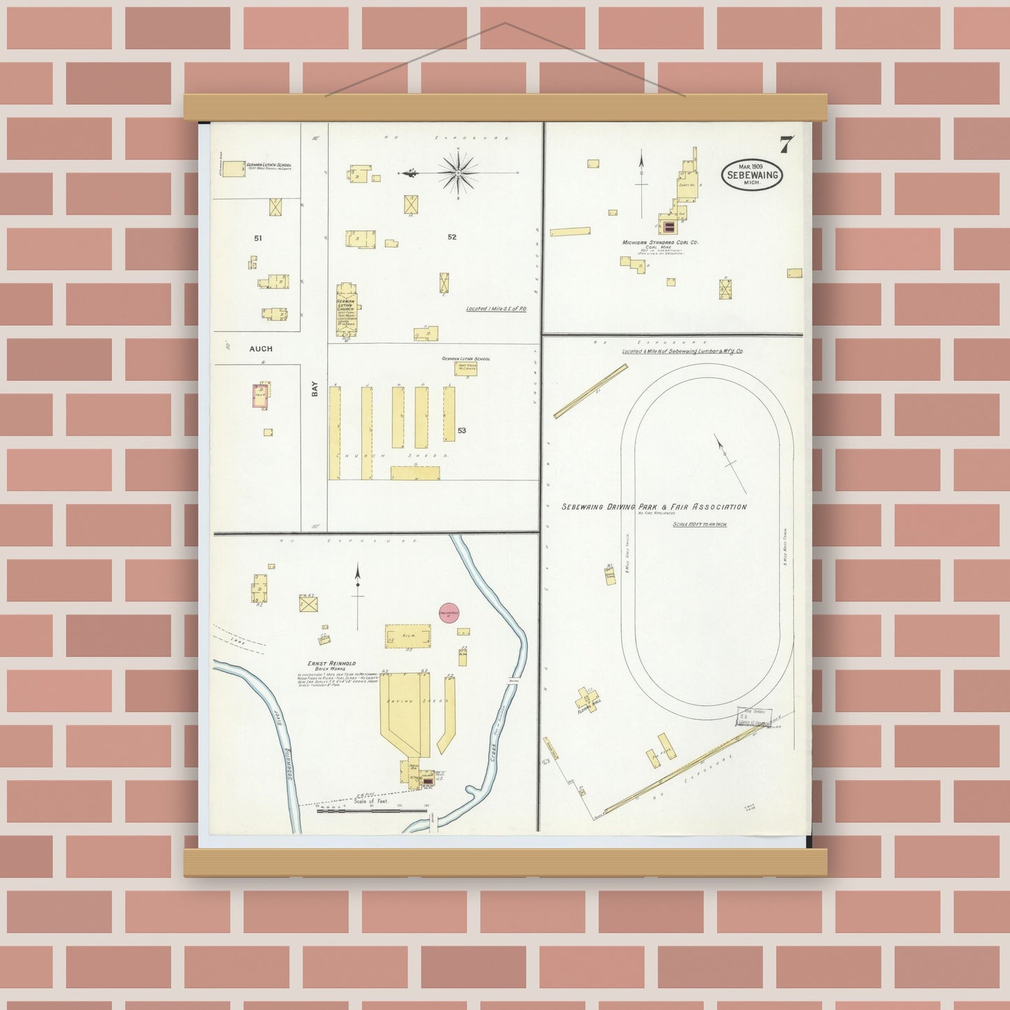 Old map wall art mockup — magnetic wood frame on brick wall — Sanborn Fire Insurance Map from Sebewaing, Huron County, Michigan (1909), Sheet #0007
