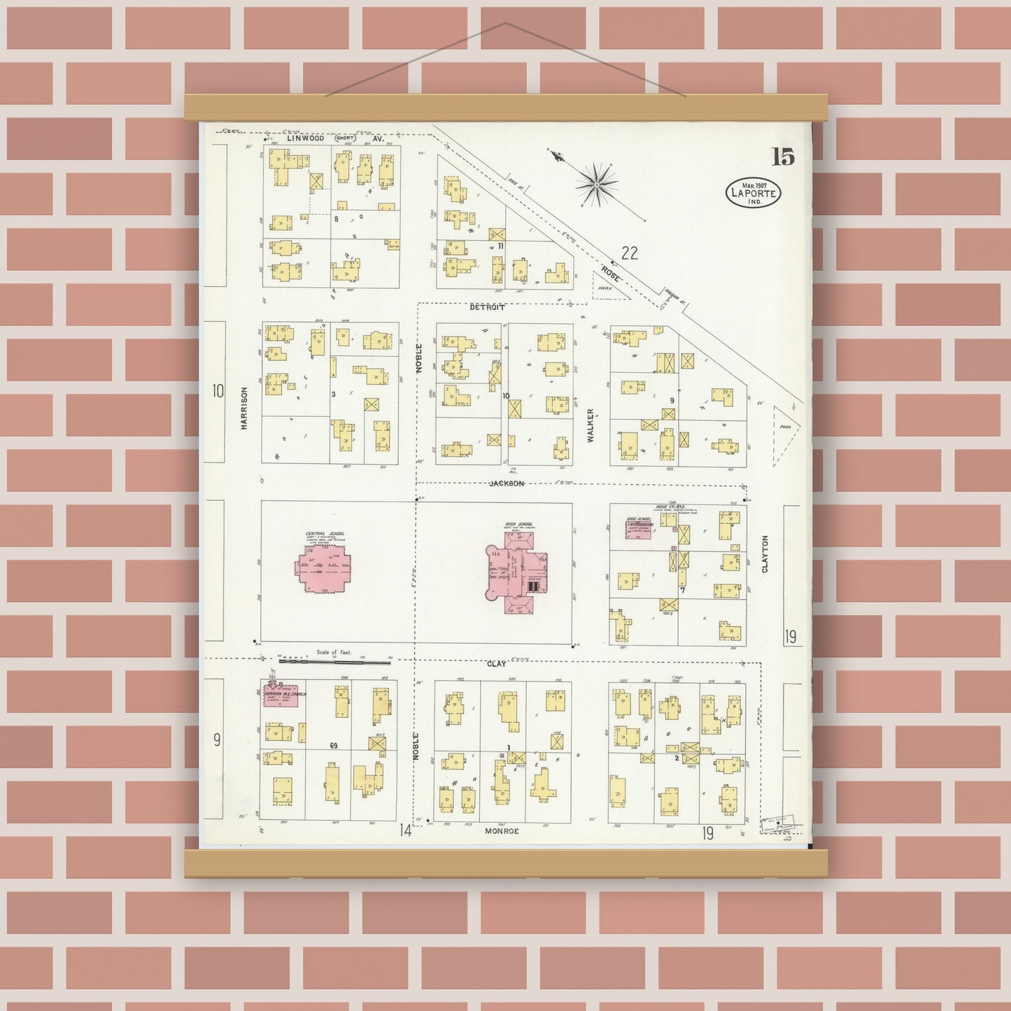 Old map wall art mockup — magnetic wood frame on brick wall — Sanborn Fire Insurance Map from La Porte, La Porte County, Indiana (1907), Sheet #0015