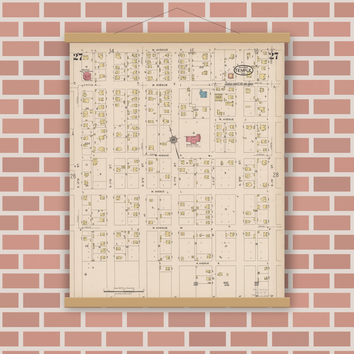 Old map wall art mockup — magnetic wood frame on brick wall — Sanborn Fire Insurance Map from Temple, Bell County, Texas (1922), Sheet #0027