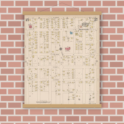 Old map wall art mockup — magnetic wood frame on brick wall — Sanborn Fire Insurance Map from Temple, Bell County, Texas (1922), Sheet #0027