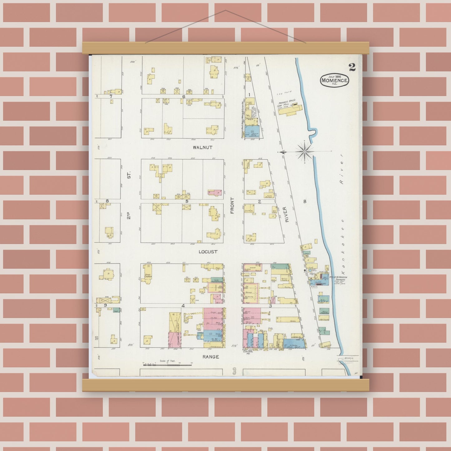 Old map wall art mockup — magnetic wood frame on brick wall — Sanborn Fire Insurance Map from Momence, Kankakee County, Illinois (1892), Sheet #0002