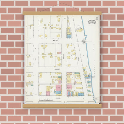 Old map wall art mockup — magnetic wood frame on brick wall — Sanborn Fire Insurance Map from Momence, Kankakee County, Illinois (1892), Sheet #0002