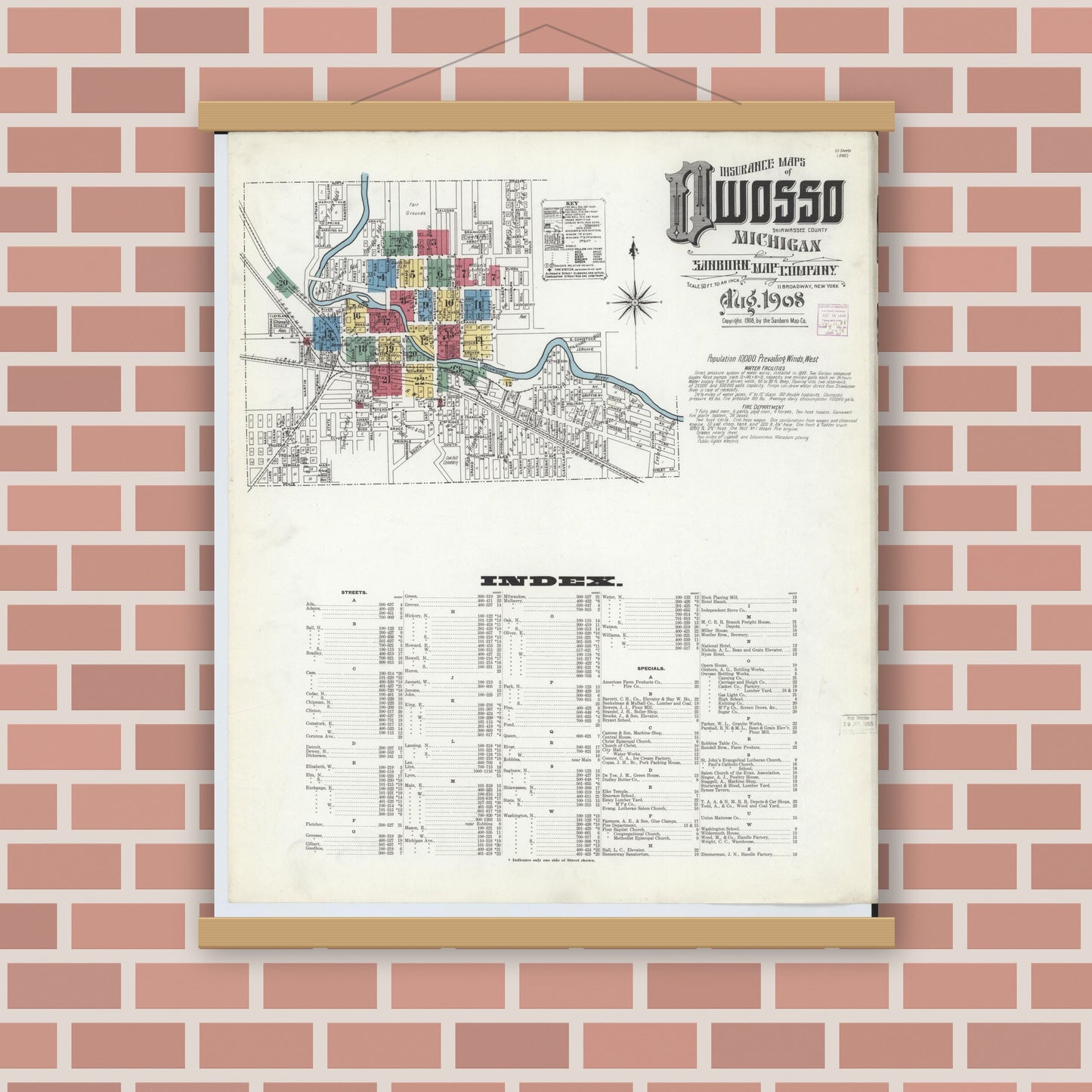 Old map wall art mockup — magnetic wood frame on brick wall — Sanborn Fire Insurance Map from Owosso, Shiawassee County, Michigan (1908), Sheet #0001