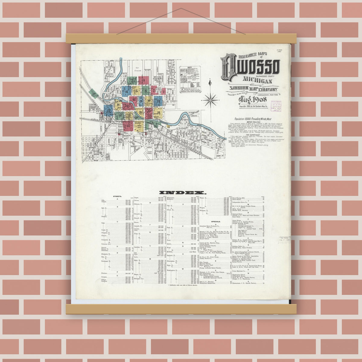 Old map wall art mockup — magnetic wood frame on brick wall — Sanborn Fire Insurance Map from Owosso, Shiawassee County, Michigan (1908), Sheet #0001