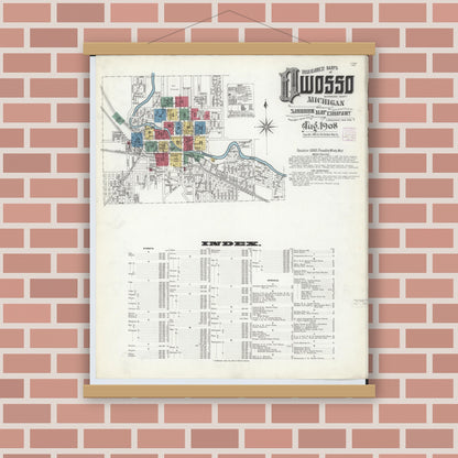 Old map wall art mockup — magnetic wood frame on brick wall — Sanborn Fire Insurance Map from Owosso, Shiawassee County, Michigan (1908), Sheet #0001