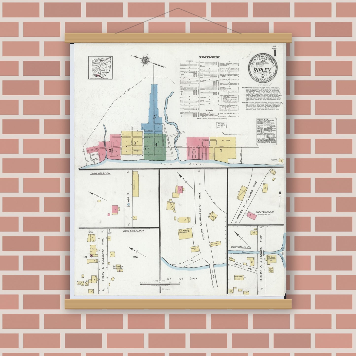 Old map wall art mockup — magnetic wood frame on brick wall — Sanborn Fire Insurance Map from Ripley, Brown County, Ohio (1920) - Complete Map Set