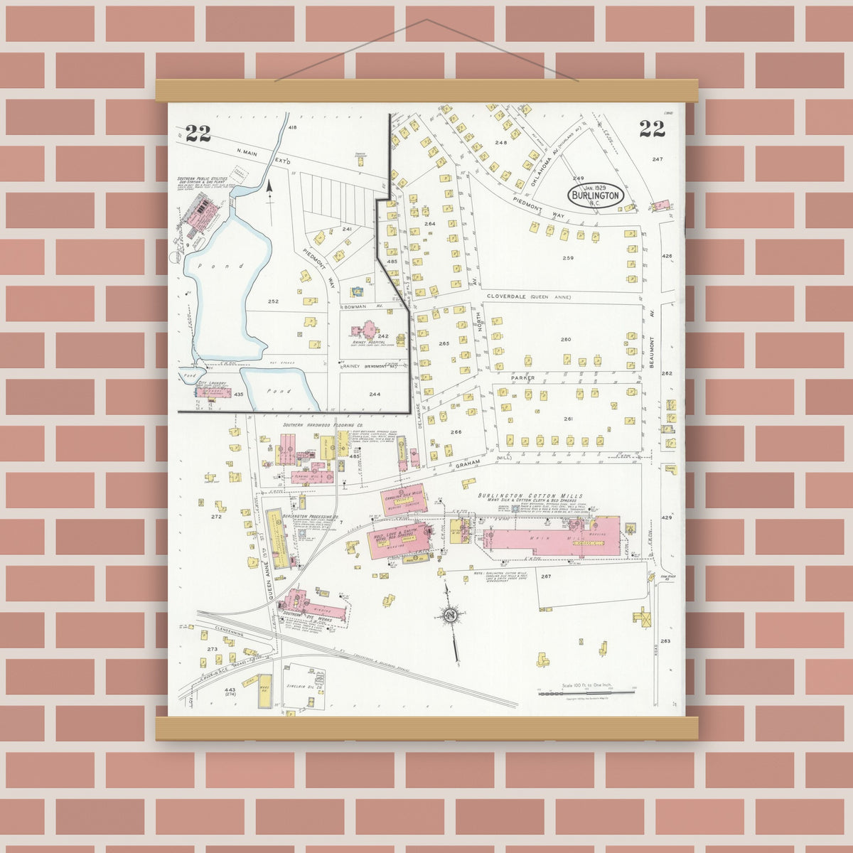 Old map wall art mockup — magnetic wood frame on brick wall — Sanborn Fire Insurance Map from Burlington, Alamance County, North Carolina (1929), Sheet #0022