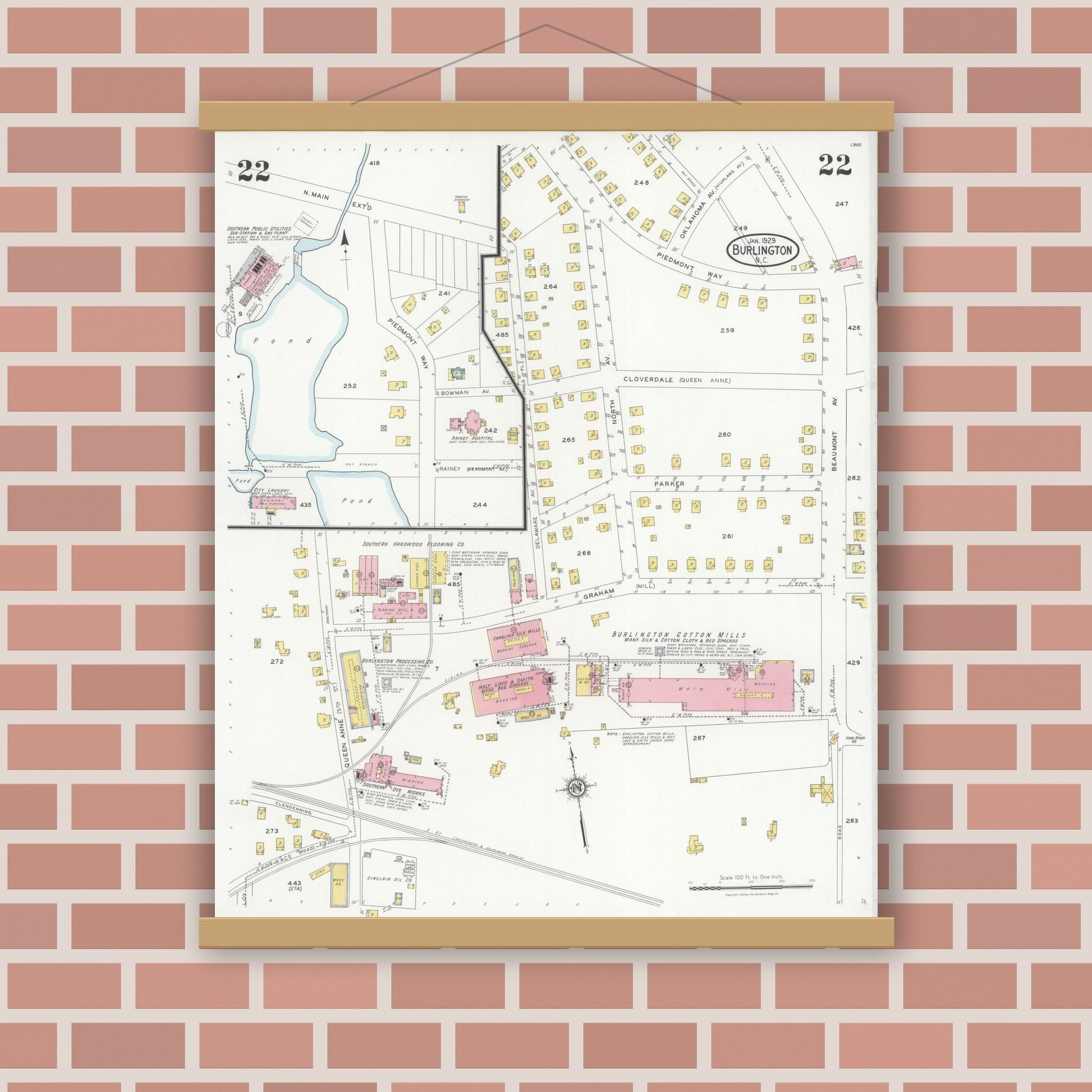 Old map wall art mockup — magnetic wood frame on brick wall — Sanborn Fire Insurance Map from Burlington, Alamance County, North Carolina (1929), Sheet #0022