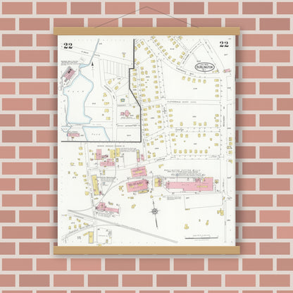 Old map wall art mockup — magnetic wood frame on brick wall — Sanborn Fire Insurance Map from Burlington, Alamance County, North Carolina (1929), Sheet #0022