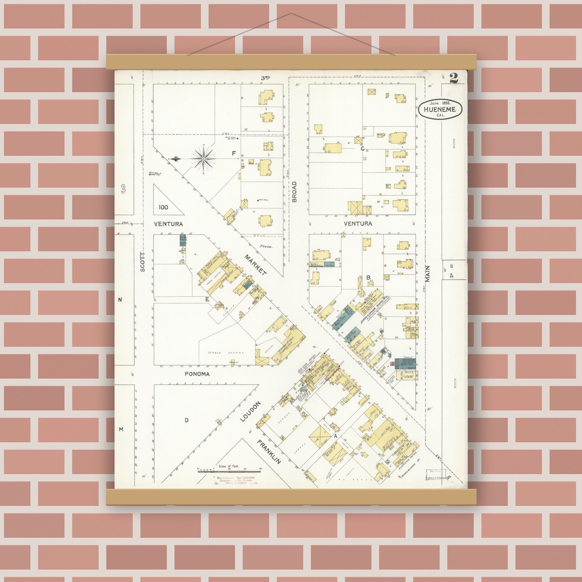 Old map wall art mockup — magnetic wood frame on brick wall — Sanborn Fire Insurance Map from Hueneme, Ventura County, California (1895), Sheet #0002