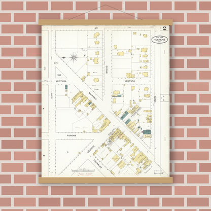 Old map wall art mockup — magnetic wood frame on brick wall — Sanborn Fire Insurance Map from Hueneme, Ventura County, California (1895), Sheet #0002