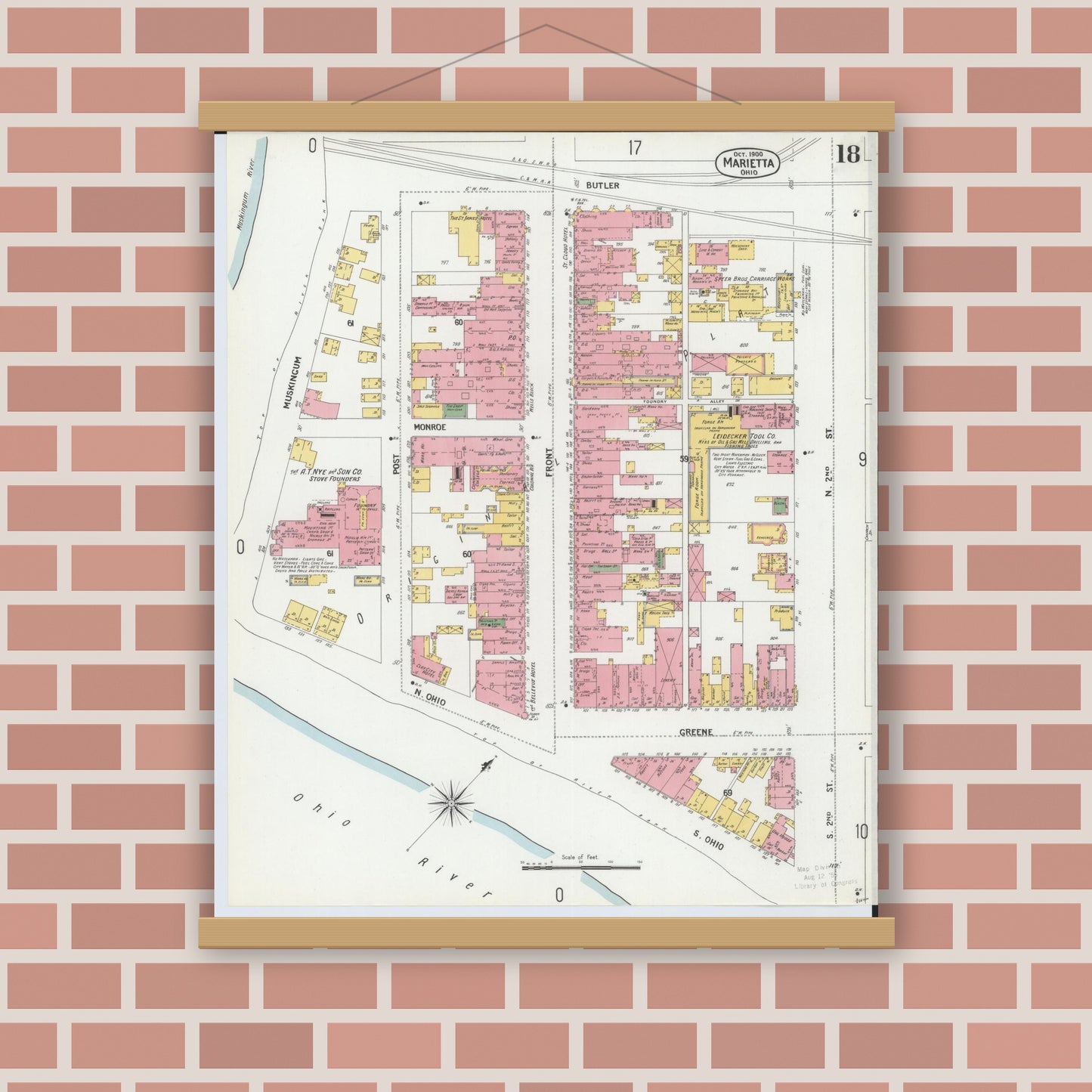 Old map wall art mockup — magnetic wood frame on brick wall — Sanborn Fire Insurance Map from Marietta, Washington County, Ohio (1900), Sheet #0018