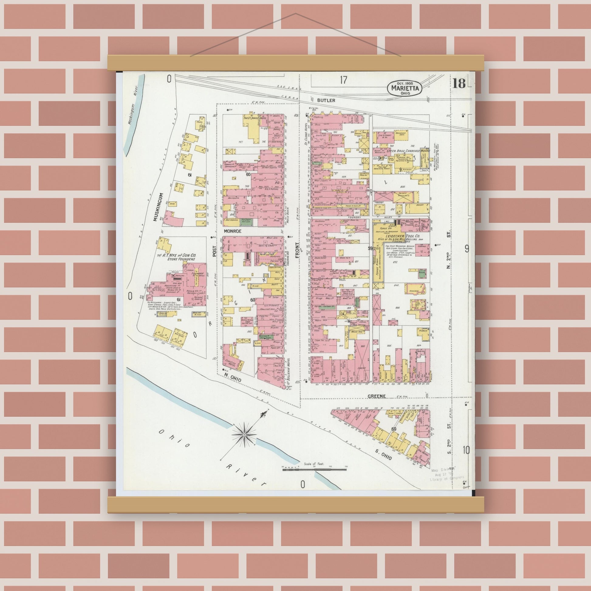 Old map wall art mockup — magnetic wood frame on brick wall — Sanborn Fire Insurance Map from Marietta, Washington County, Ohio (1900), Sheet #0018