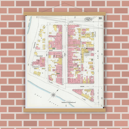 Old map wall art mockup — magnetic wood frame on brick wall — Sanborn Fire Insurance Map from Marietta, Washington County, Ohio (1900), Sheet #0018