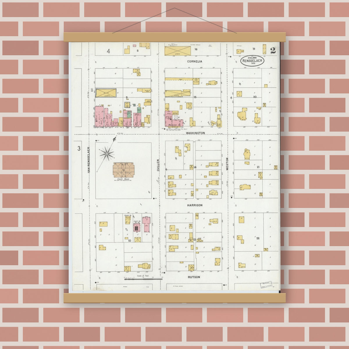 Old map wall art mockup — magnetic wood frame on brick wall — Sanborn Fire Insurance Map from Rensselaer, Jasper County, Indiana (1899), Sheet #0002