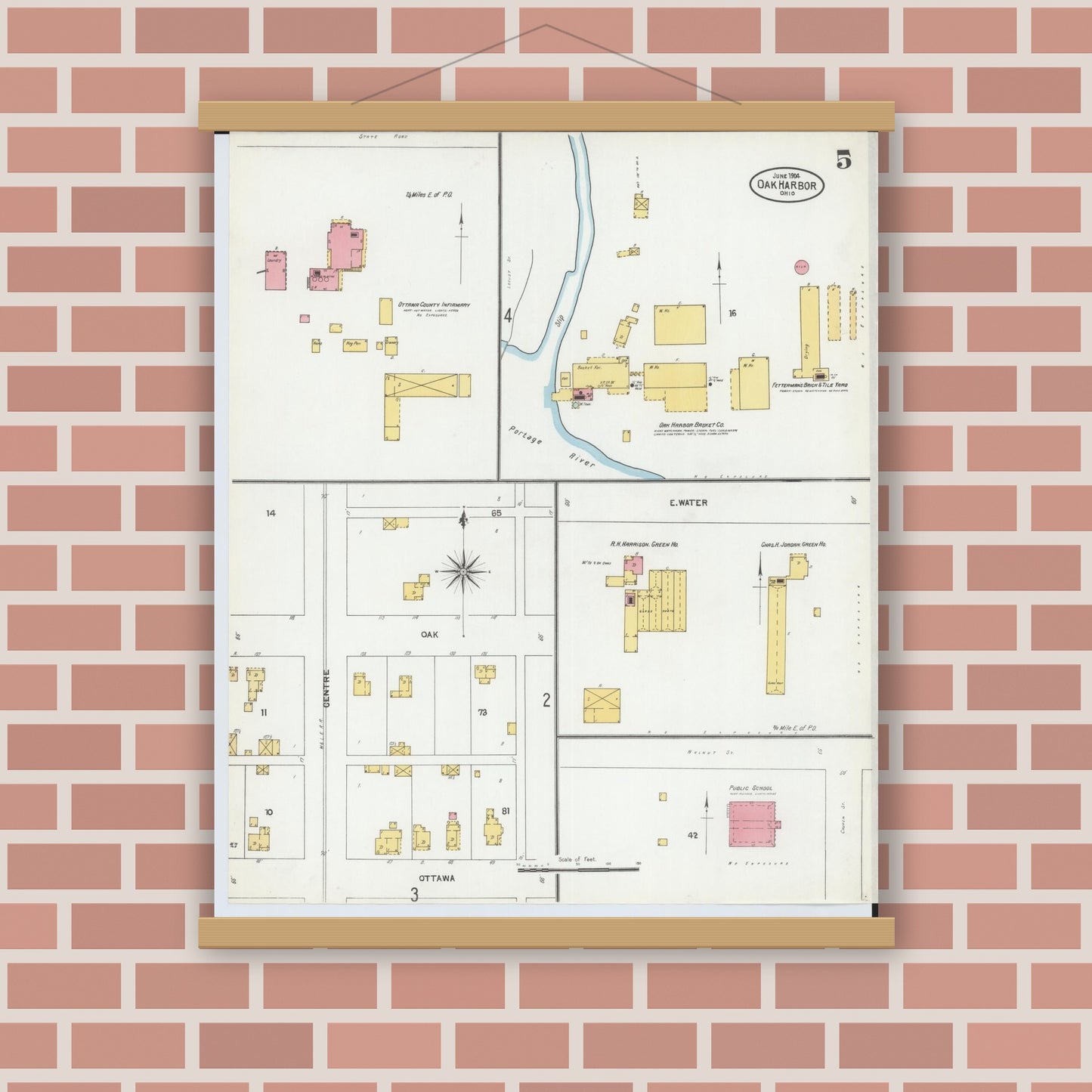 Old map wall art mockup — magnetic wood frame on brick wall — Sanborn Fire Insurance Map from Oak Harbor, Ottawa County, Ohio (1904), Sheet #0005
