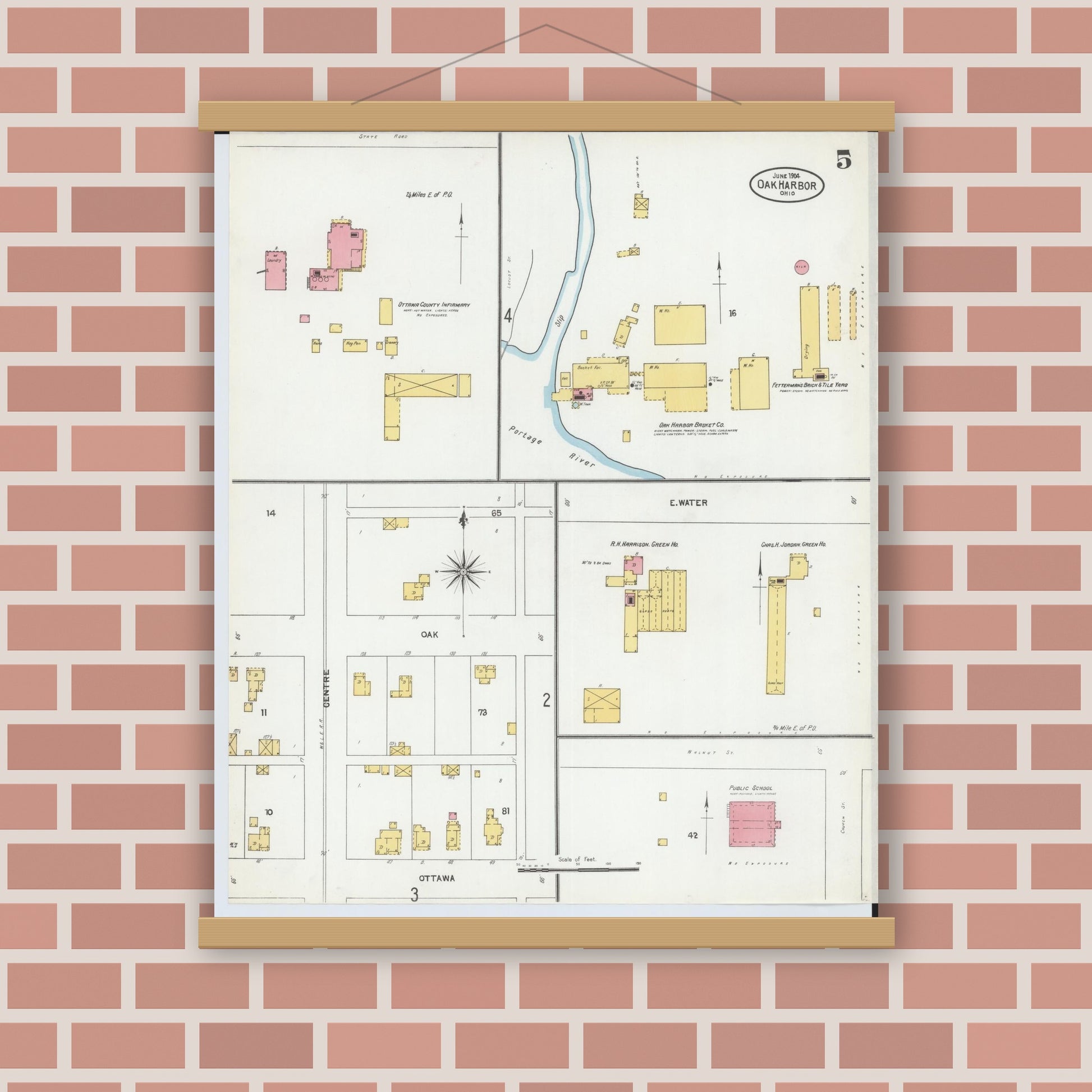 Old map wall art mockup — magnetic wood frame on brick wall — Sanborn Fire Insurance Map from Oak Harbor, Ottawa County, Ohio (1904), Sheet #0005