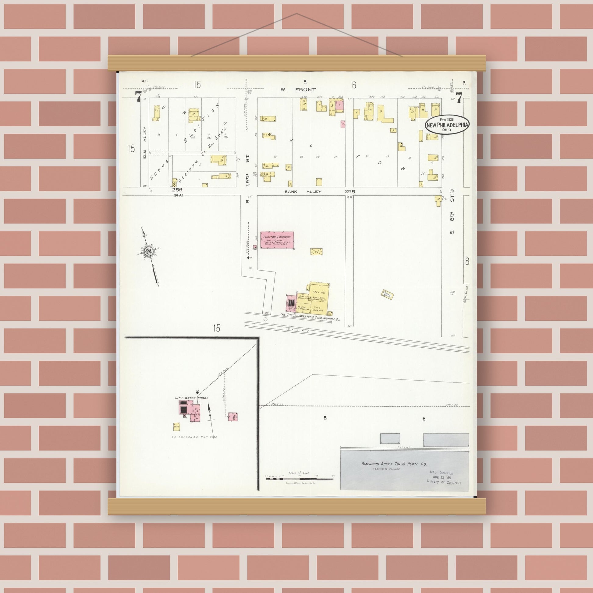 Old map wall art mockup — magnetic wood frame on brick wall — Sanborn Fire Insurance Map from New Philadelphia, Tuscarawas County, Ohio (1926), Sheet #0007