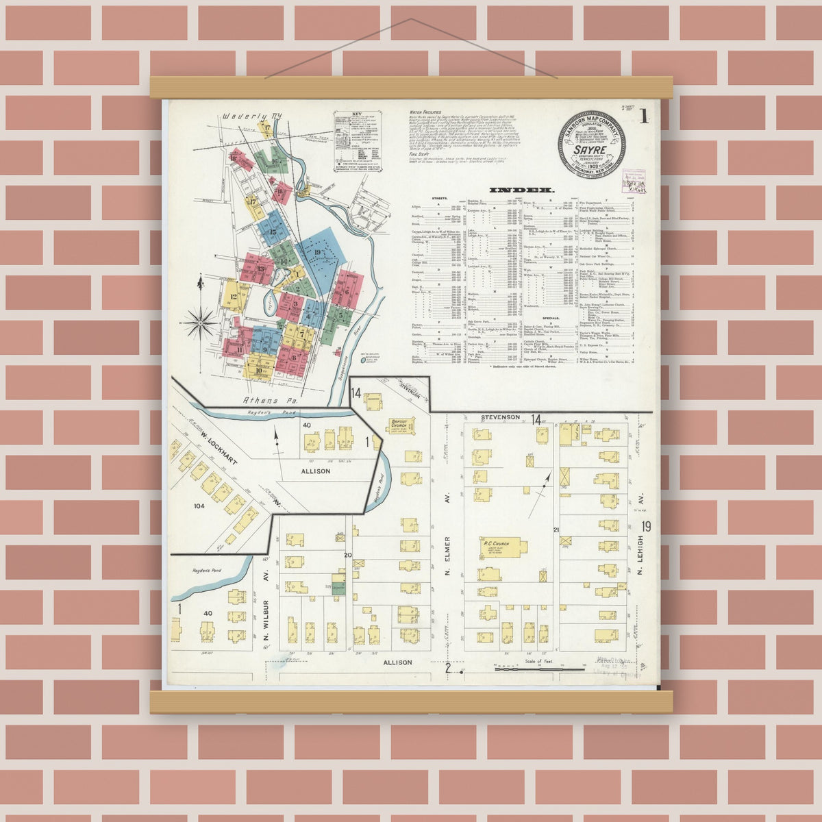 Old map wall art mockup — magnetic wood frame on brick wall — Sanborn Fire Insurance Map from Sayre, Bradford County, Pennsylvania (1909) - Complete Map Set