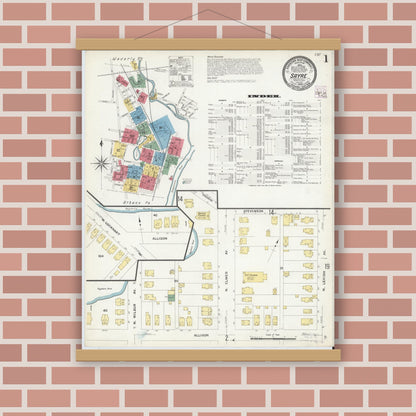 Old map wall art mockup — magnetic wood frame on brick wall — Sanborn Fire Insurance Map from Sayre, Bradford County, Pennsylvania (1909) - Complete Map Set