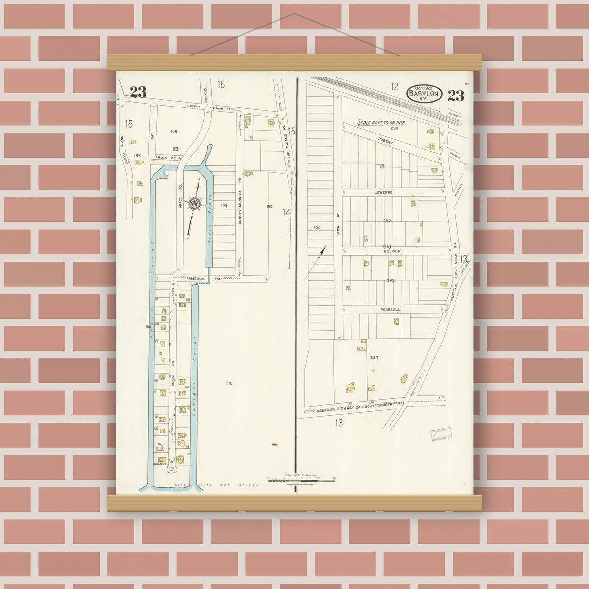 Old map wall art mockup — magnetic wood frame on brick wall — Sanborn Fire Insurance Map from Babylon, Suffolk County, New York (1923), Sheet #0023