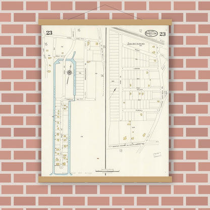 Old map wall art mockup — magnetic wood frame on brick wall — Sanborn Fire Insurance Map from Babylon, Suffolk County, New York (1923), Sheet #0023