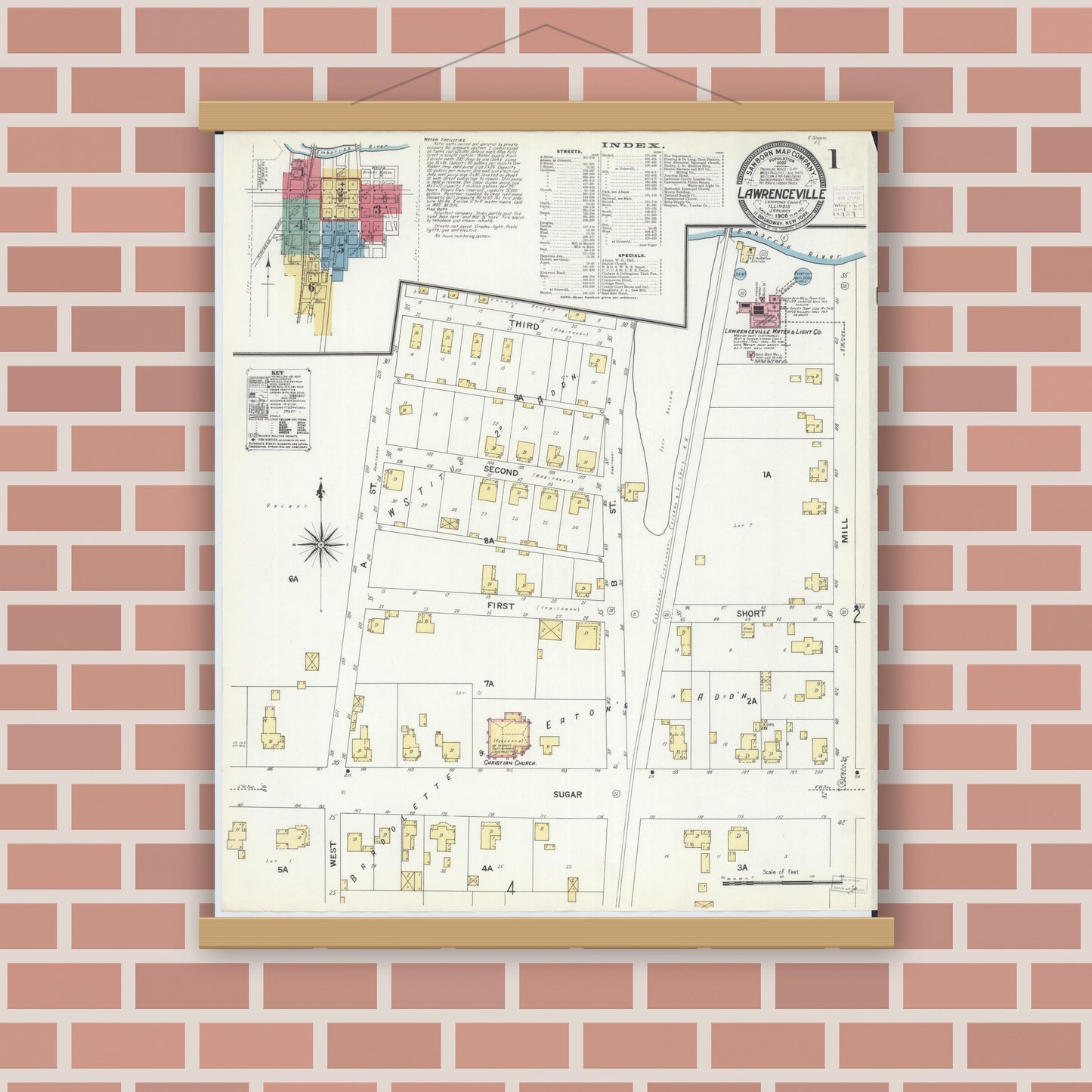 Old map wall art mockup — magnetic wood frame on brick wall — Sanborn Fire Insurance Map from Lawrenceville, Lawrence County, Illinois (1908) - Complete Map Set
