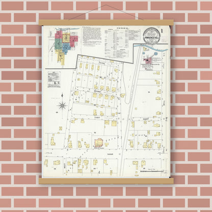 Old map wall art mockup — magnetic wood frame on brick wall — Sanborn Fire Insurance Map from Lawrenceville, Lawrence County, Illinois (1908) - Complete Map Set