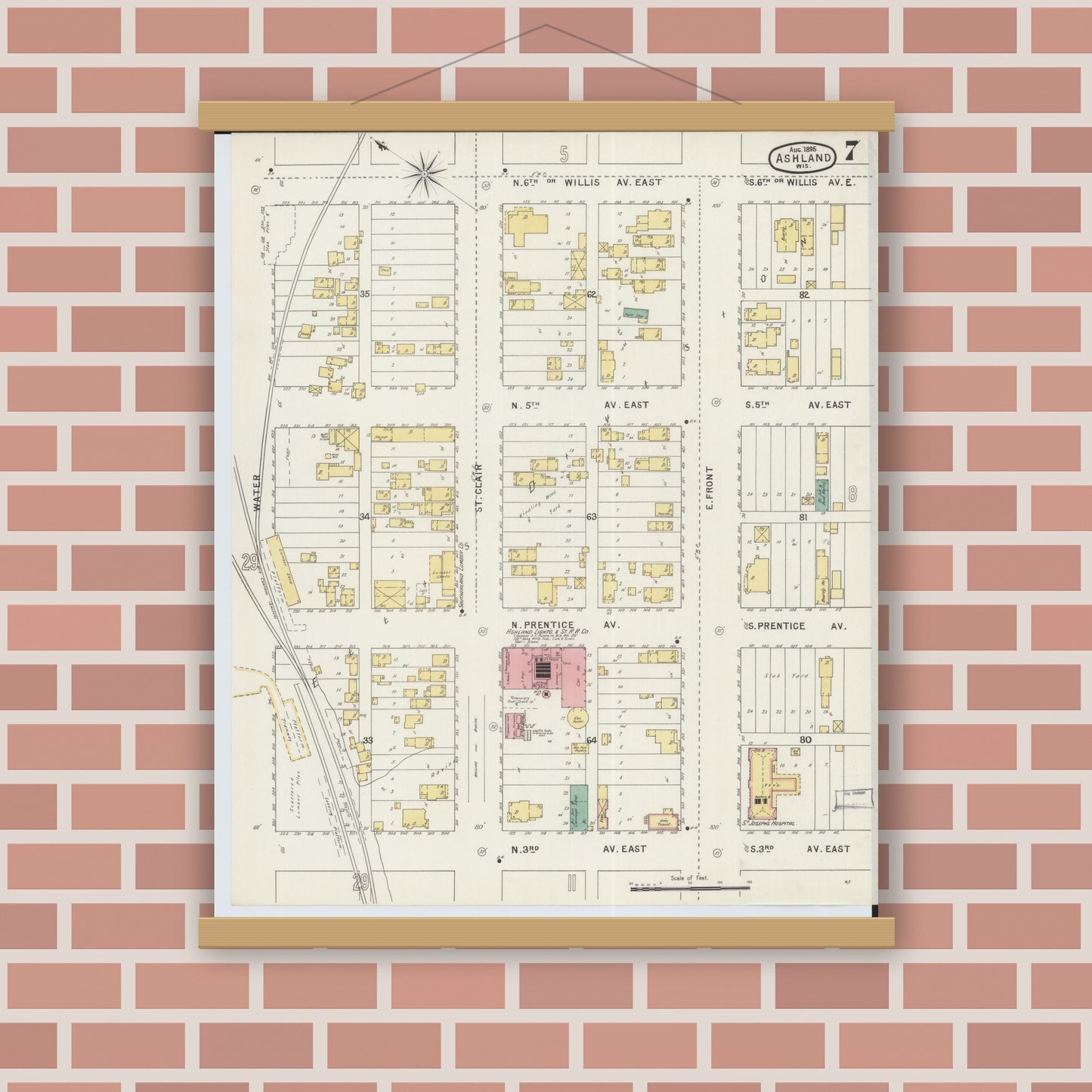 Old map wall art mockup — magnetic wood frame on brick wall — Sanborn Fire Insurance Map from Ashland, Ashland County, Wisconsin (1895), Sheet #0007