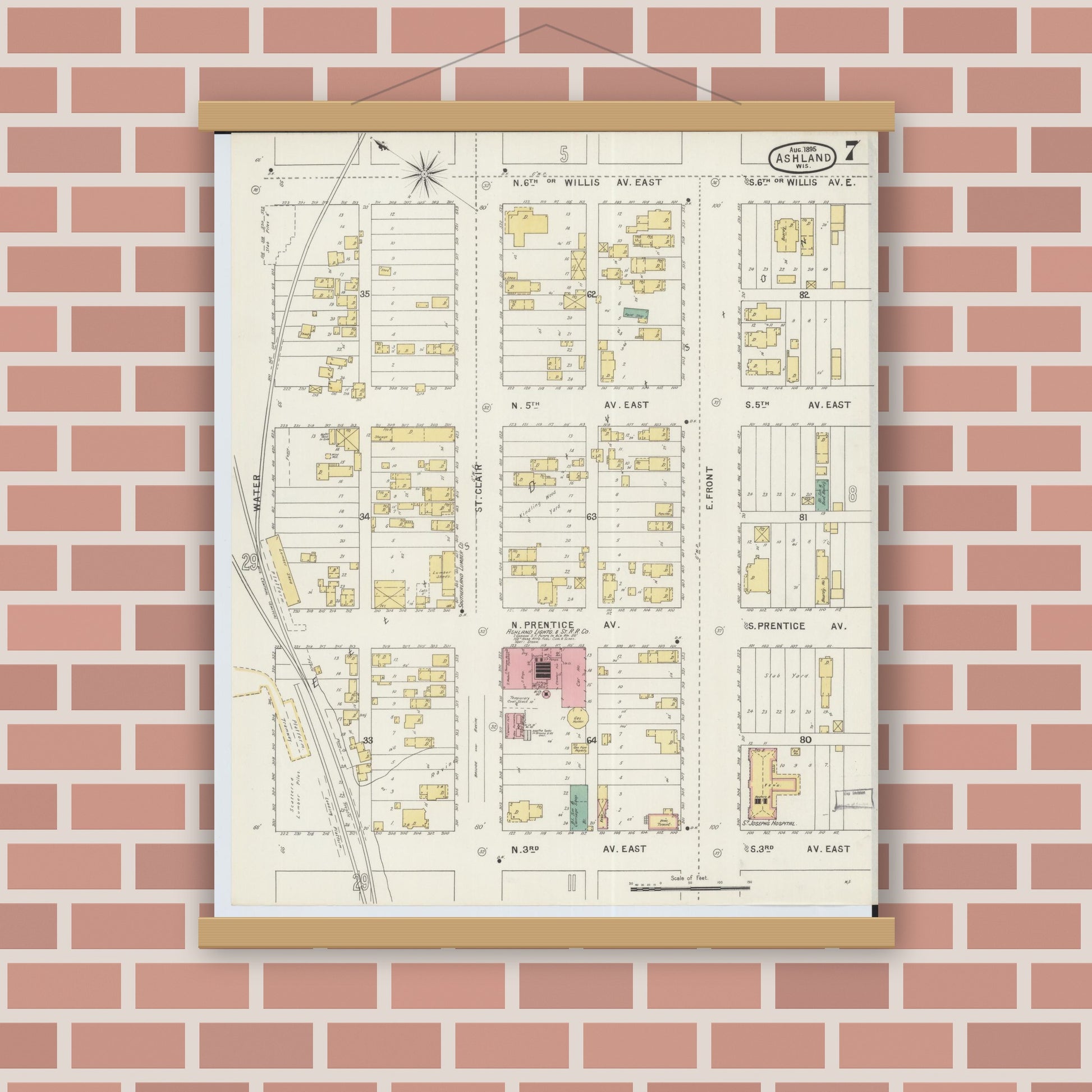 Old map wall art mockup — magnetic wood frame on brick wall — Sanborn Fire Insurance Map from Ashland, Ashland County, Wisconsin (1895), Sheet #0007