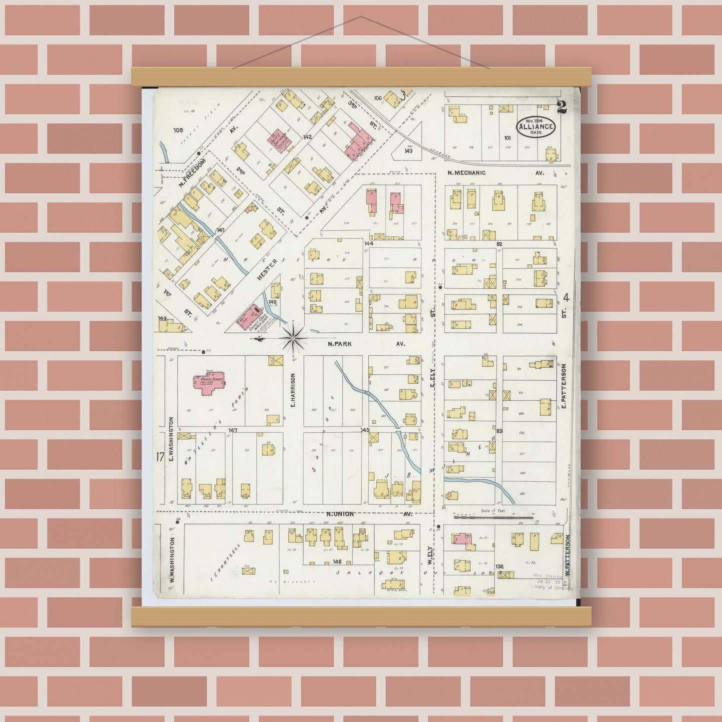 Old map wall art mockup — magnetic wood frame on brick wall — Sanborn Fire Insurance Map from Alliance, Stark County, Ohio (1904), Sheet #0002