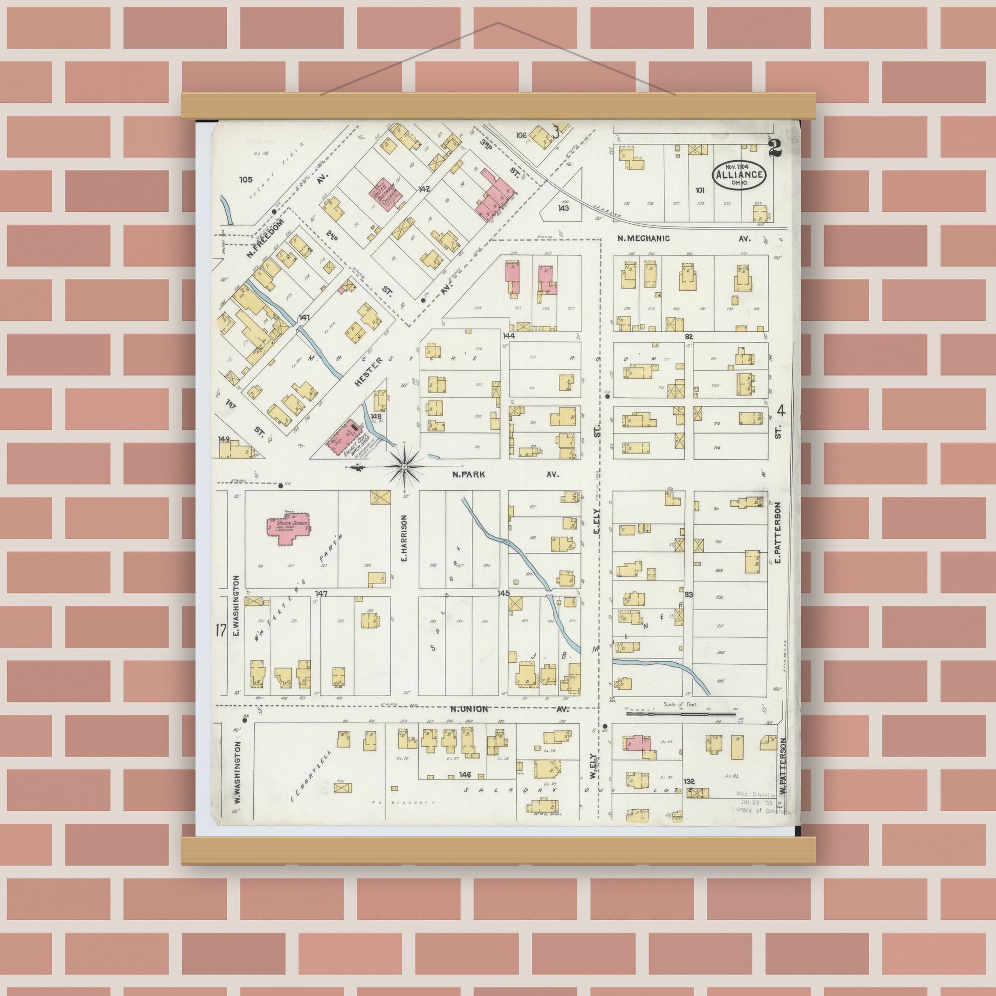 Old map wall art mockup — magnetic wood frame on brick wall — Sanborn Fire Insurance Map from Alliance, Stark County, Ohio (1904), Sheet #0002