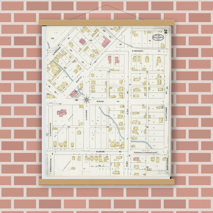 Old map wall art mockup — magnetic wood frame on brick wall — Sanborn Fire Insurance Map from Alliance, Stark County, Ohio (1904), Sheet #0002