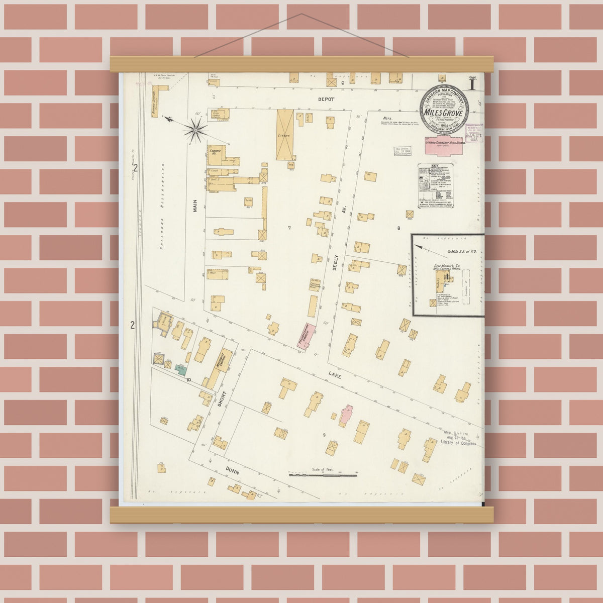 Old map wall art mockup — magnetic wood frame on brick wall — Sanborn Fire Insurance Map from Miles Grove, Erie County, Pennsylvania (1904) - Complete Map Set