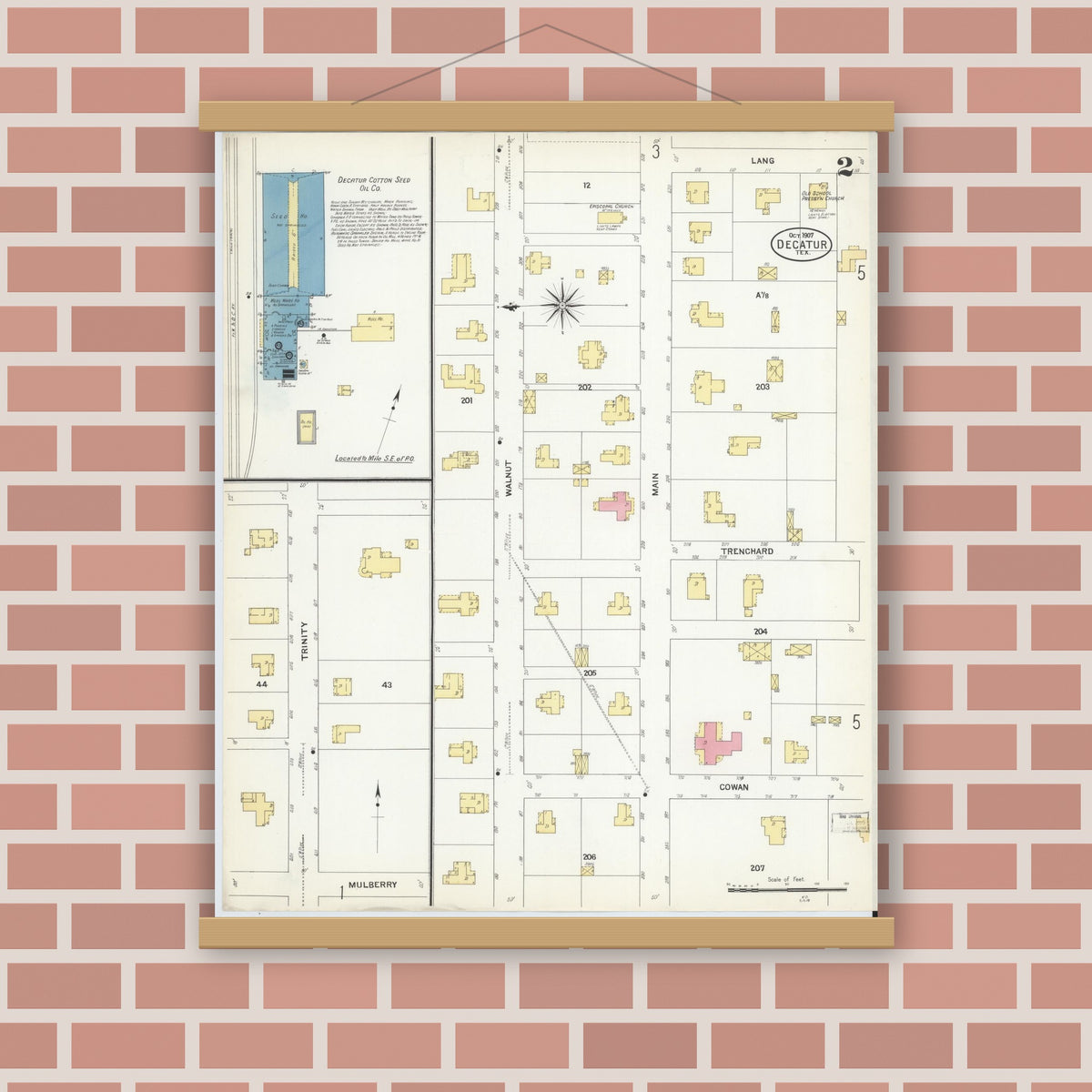 Old map wall art mockup — magnetic wood frame on brick wall — Sanborn Fire Insurance Map from Decatur, Wise County, Texas (1907), Sheet #0002