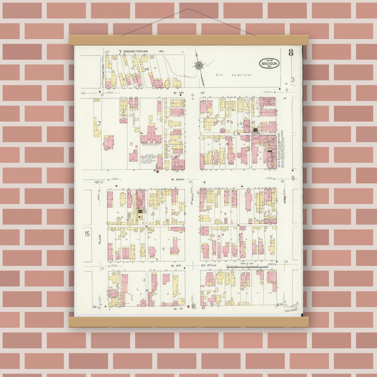 Old map wall art mockup — magnetic wood frame on brick wall — Sanborn Fire Insurance Map from Madison, Jefferson County, Indiana (1911), Sheet #0008
