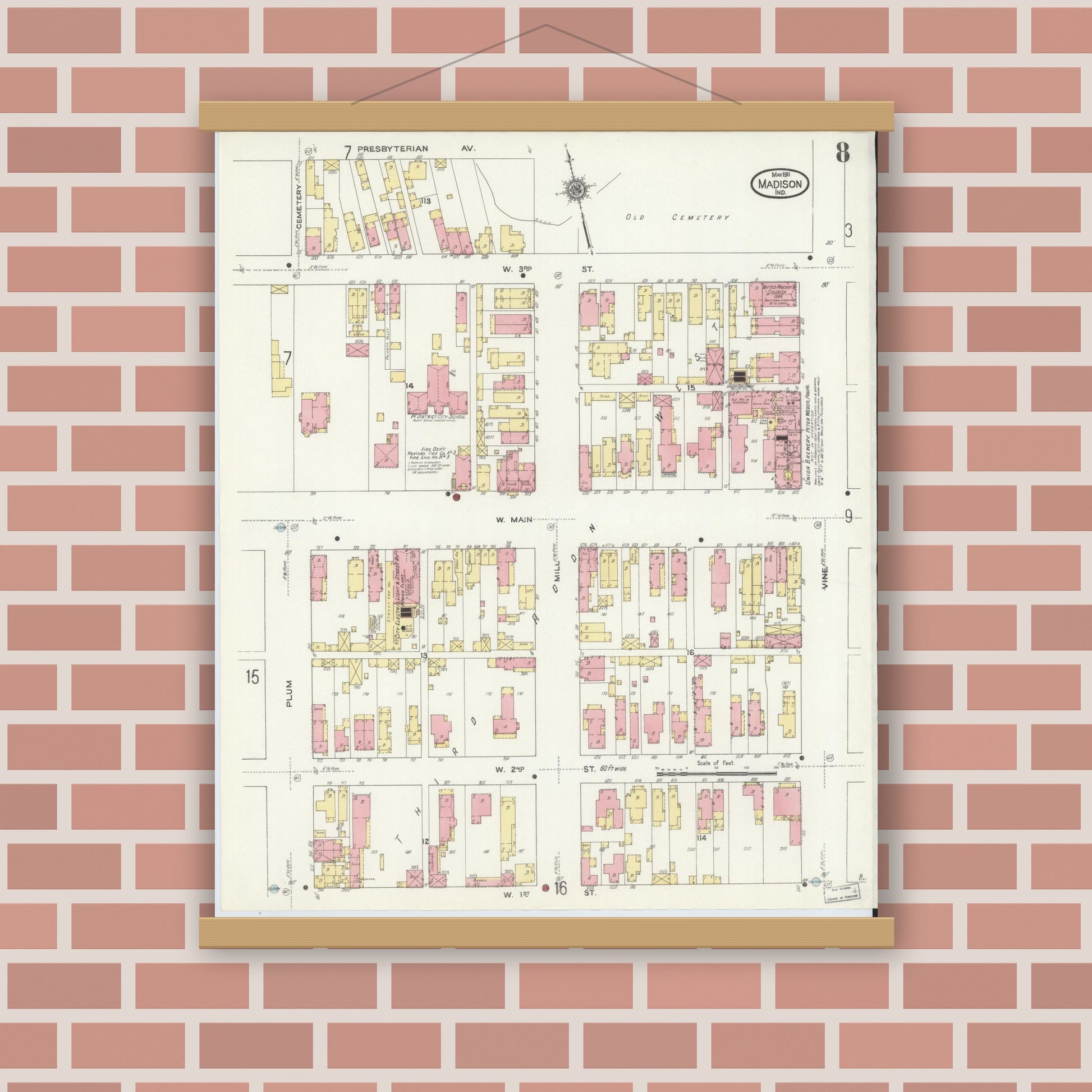 Old map wall art mockup — magnetic wood frame on brick wall — Sanborn Fire Insurance Map from Madison, Jefferson County, Indiana (1911), Sheet #0008