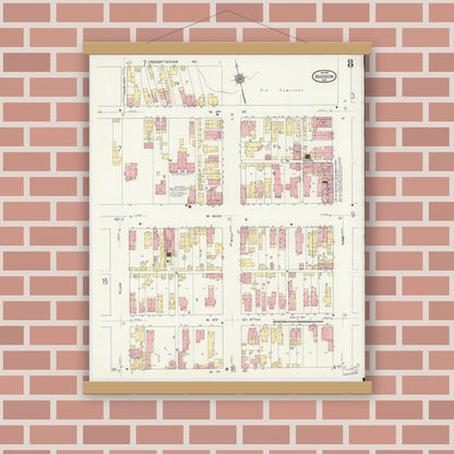 Old map wall art mockup — magnetic wood frame on brick wall — Sanborn Fire Insurance Map from Madison, Jefferson County, Indiana (1911), Sheet #0008