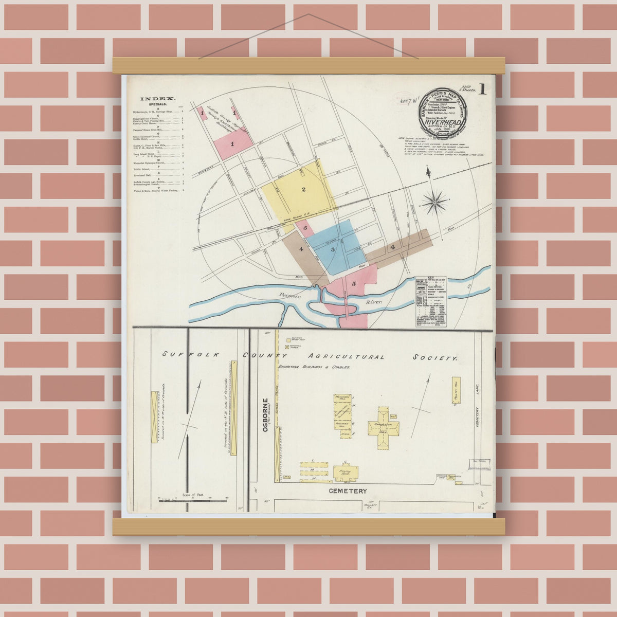 Old map wall art mockup — magnetic wood frame on brick wall — Sanborn Fire Insurance Map from Riverhead, Suffolk County, New York (1891), Sheet #0001