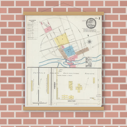 Old map wall art mockup — magnetic wood frame on brick wall — Sanborn Fire Insurance Map from Riverhead, Suffolk County, New York (1891), Sheet #0001