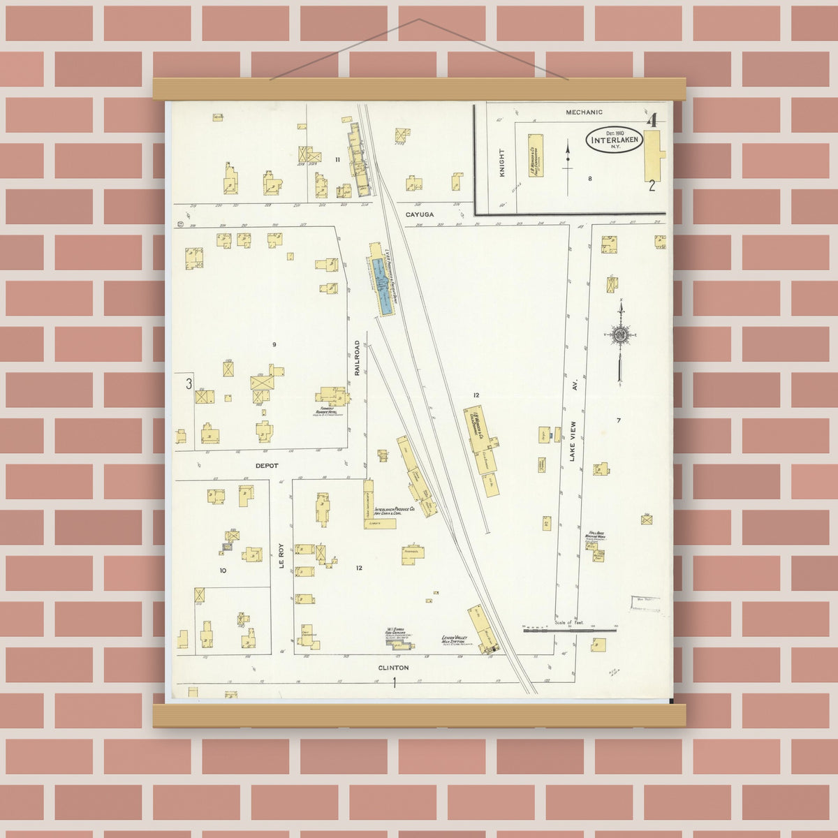 Old map wall art mockup — magnetic wood frame on brick wall — Sanborn Fire Insurance Map from Interlaken, Seneca County, New York (1910), Sheet #0004